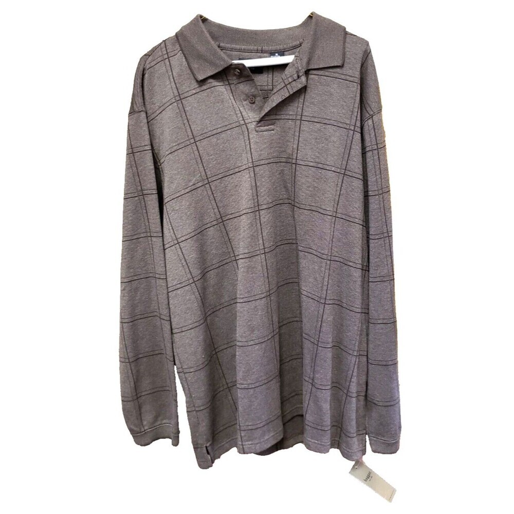 Haggar Men's Brown Windowpane  Pullover Long Sleeve Casual Polo Size XL NWT